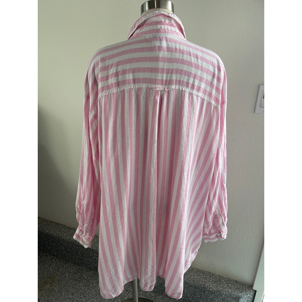 Old Navy Womens Plus 3X Boyfriend Shirt Pink White Striped Linen Blend Button Up - Picture 7 of 8
